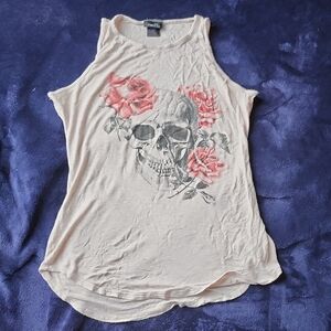 Rue21 Cream Tank Top with Skull and Roses